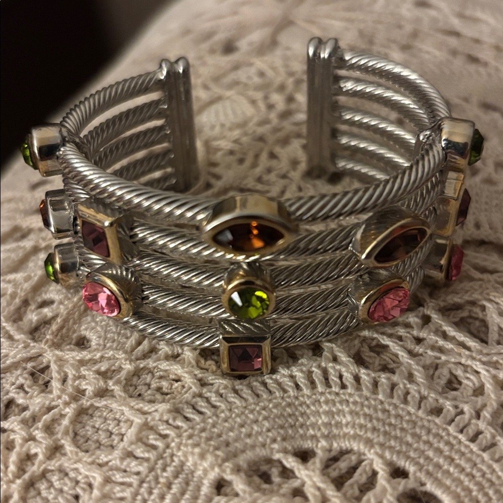 Gorgeous silver plate cable cuff bracelet with multi colored stones. - Picture 7 of 11
